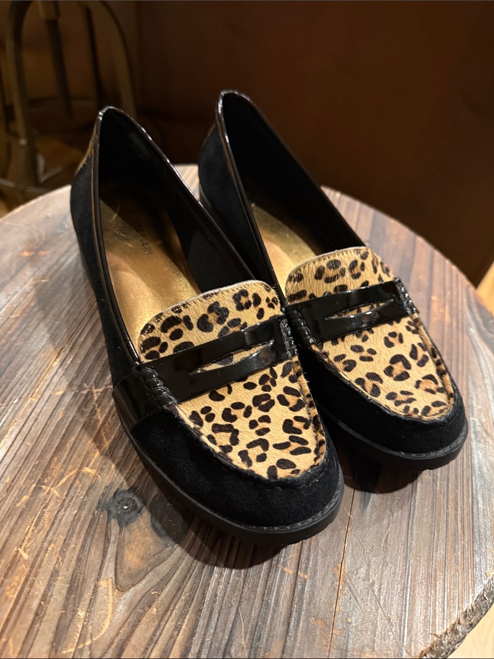 Anne Klein Leopard Print Penny Loafers in Black and Tan